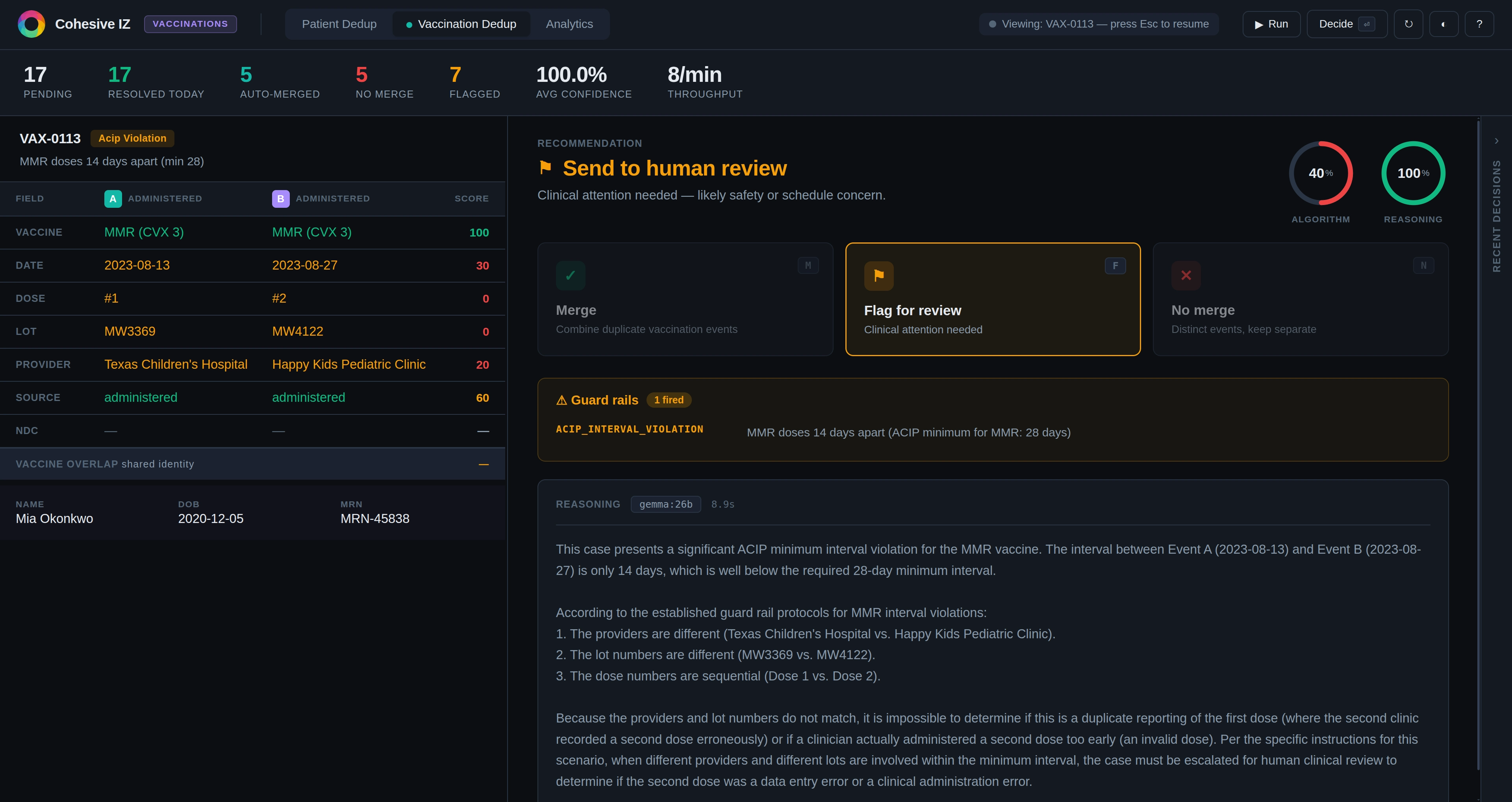 CohesiveIZ vaccination event dedup interface